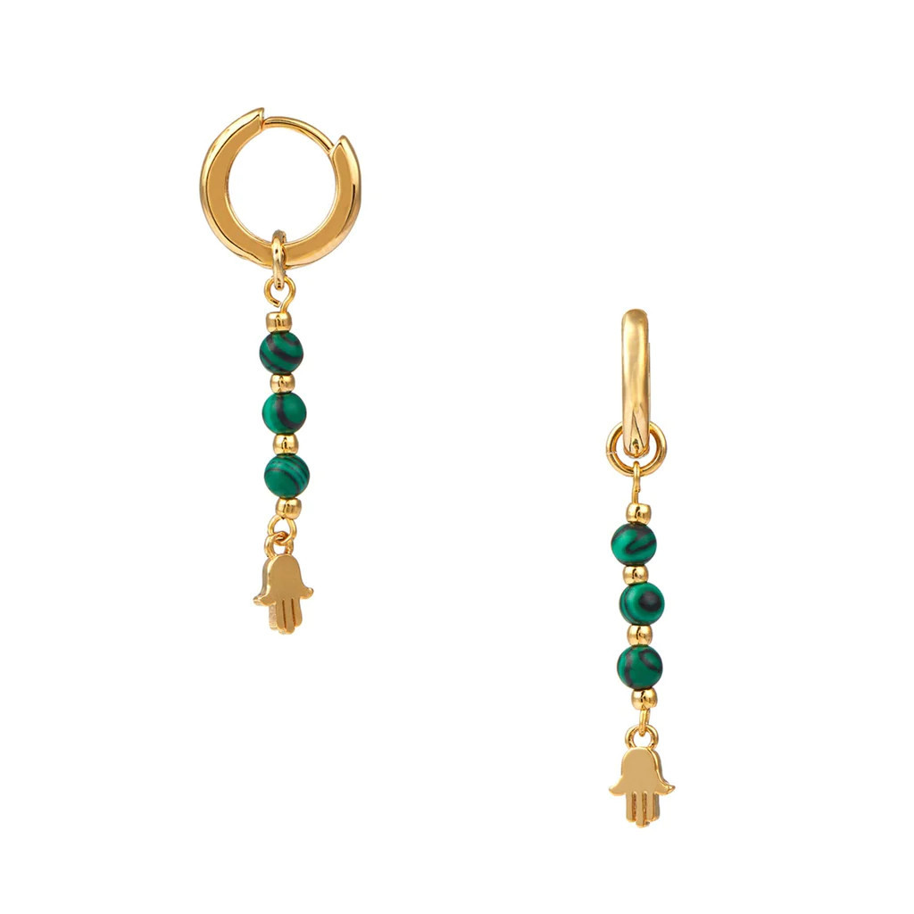 Hamsa Hand & Malachite Huggie Hoop Earrings | Orelia