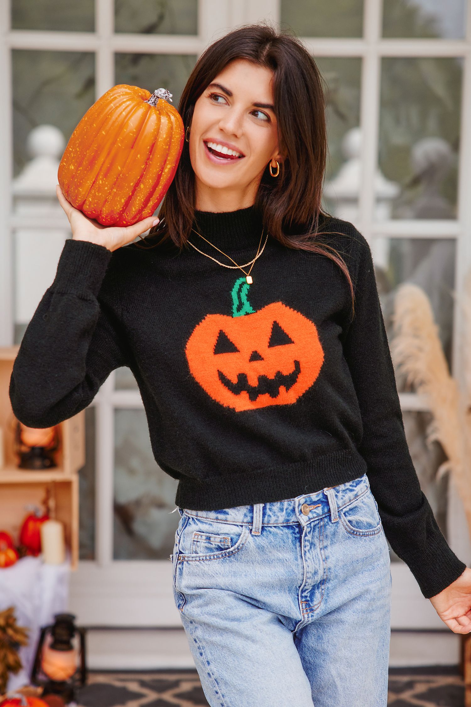 NewBlack Long Sleeve Jack-O-Lantern Mockneck Sweater | Cupshe US