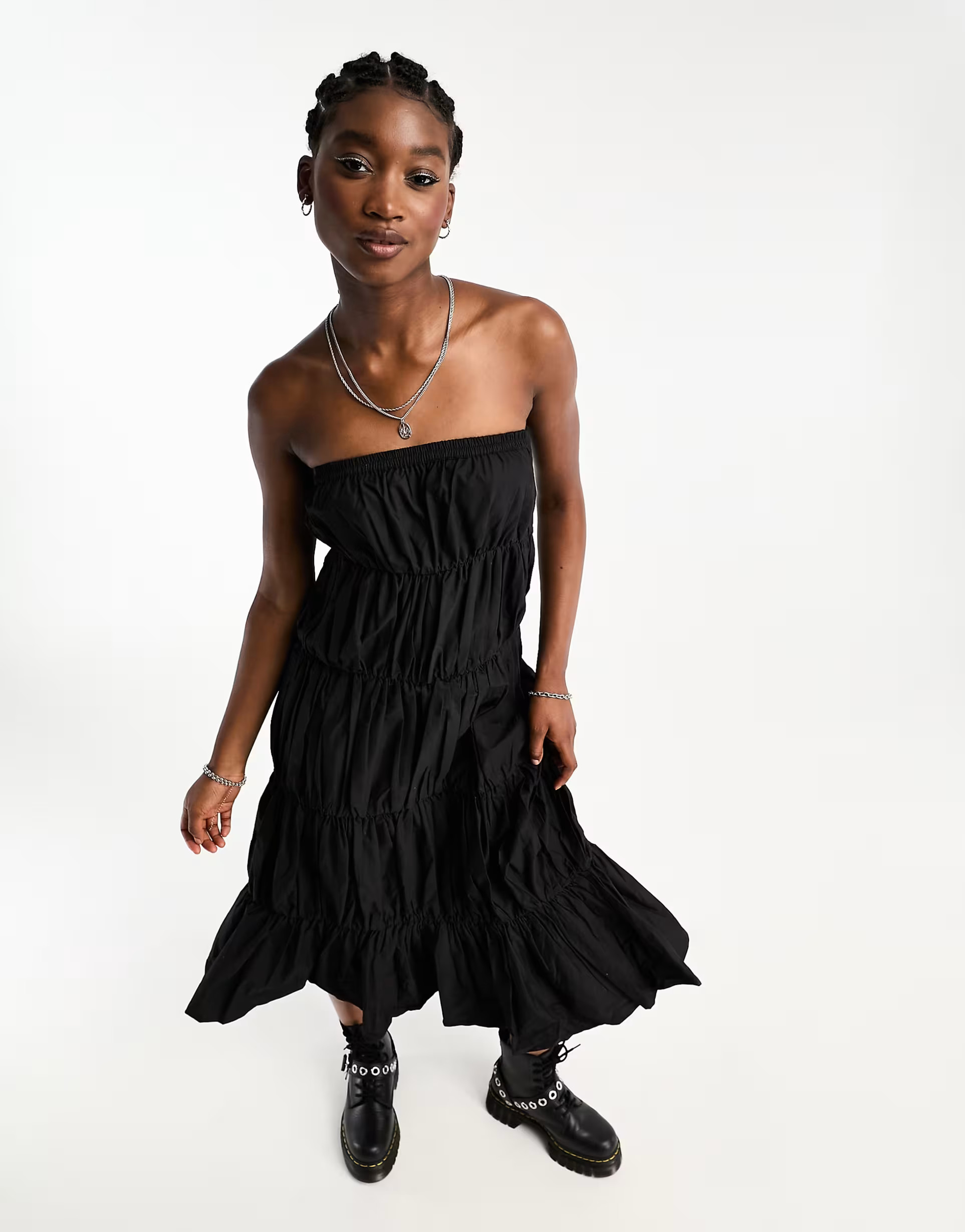 COLLUSION gathered tiered bandeau midi dress in black | ASOS | ASOS (Global)