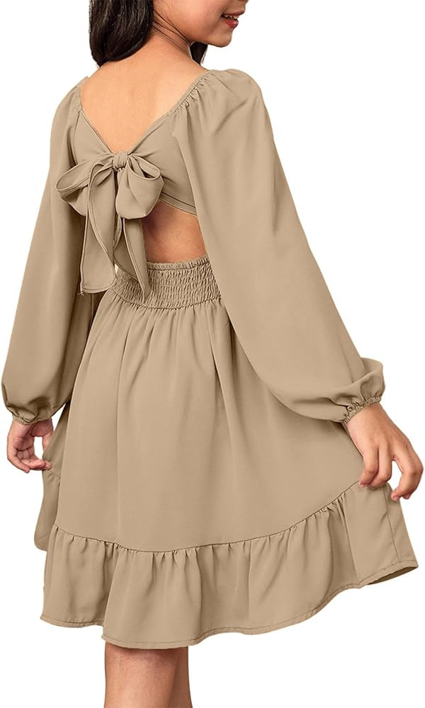 blibean Girls Long Sleeve Tie Back Dress Tween Fall Off Shoulder Dress Size 6-15 Years | Amazon (US)