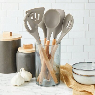 7-Piece Silicone and Bamboo Kitchen Utensils Set with Holder for Cooking, Virtually Non-Stick, with Ladle, Slotted Turner, Slotted Spoon, Serving Spoo | SHEIN