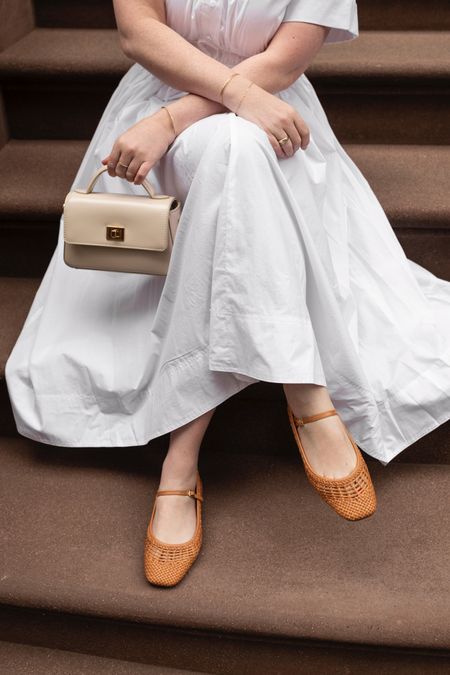 J.Crew spring look featuring midi shirt dress and woven ballet flats and top handle bag. On sale this week! #ad 

#LTKSeasonal #LTKsalealert