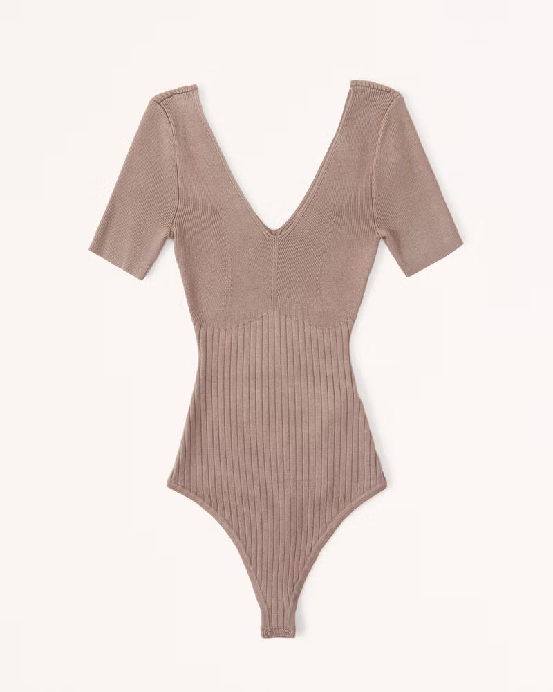 Abercrombie & Fitch Women's Short-Sleeve V-Neck Sweater Bodysuit in Taupe - Size XXS | Abercrombie & Fitch (US)