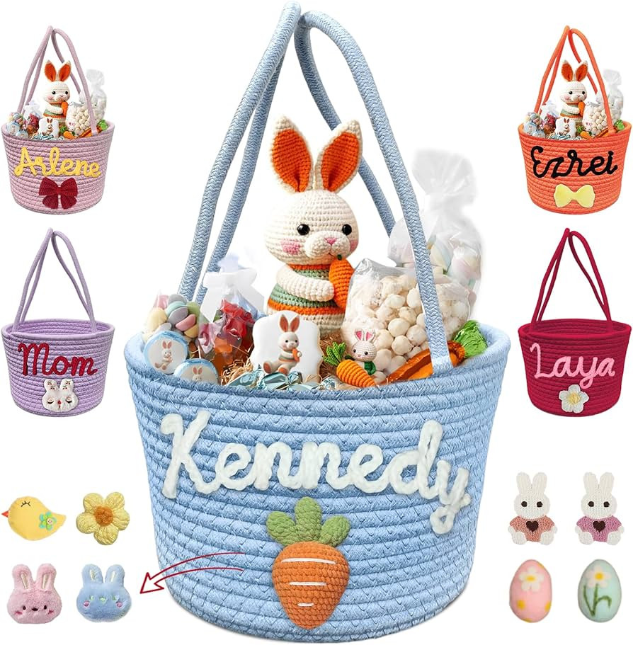 Personalized Name Easter Basket Custom Easter Tote Rope Baskets Customized Easter Egg Hunt Basket... | Amazon (US)