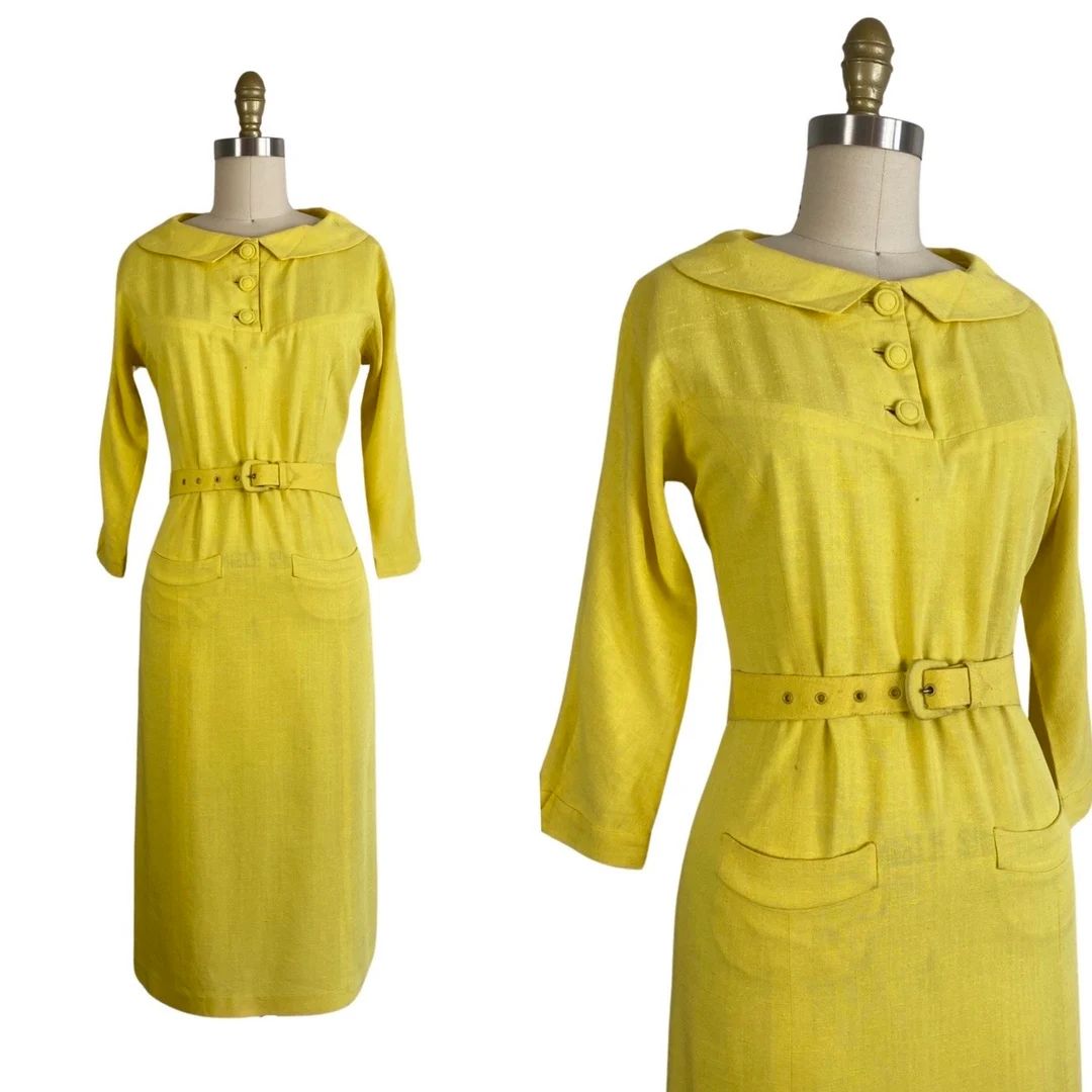 Vintage 1960s Canary Yellow Rayon Sheath Dress W/ Matching Belt Size S - Etsy | Etsy (US)