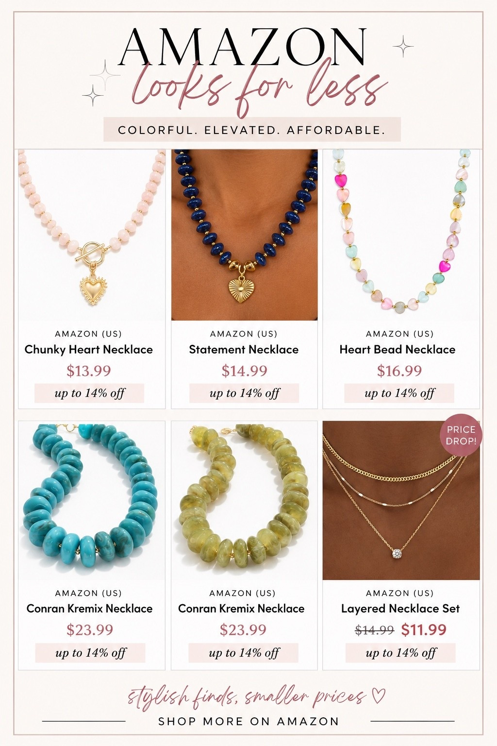 Amazon jewelry finds that look WAY more expensive than they are 🤍💙💚

If you’re looking to elevate your outfits without spending designer prices, these Amazon looks for less are the perfect finishing touch. From colorful beaded necklaces to layered gold chains, these trending accessories instantly make a simple tee, linen set, swimsuit, or fall sweater look effortlessly chic.

I’m especially loving the coastal-inspired beads and statement pieces—they’re giving luxury boutique vibes for under $25! These are the kinds of affordable fashion finds that sell out fast, so don’t wait if you see your favorite.

✨ Save this post for your next Amazon haul and follow me for more affordable fashion finds, designer-inspired looks, and everyday style staples!

#AmazonFinds #AmazonFashion #AmazonJewelry #LooksForLess #AffordableFashion #DesignerInspired #FashionFinds #TrendingStyle #EverydayStyle #NeutralStyle #CoastalStyle #BeadedNecklace #LayeredNecklace #FashionDeals #BudgetFashion #LTKStyle #LTKFinds #LTKFashion #ShopTheLook #StyleInspo #OOTD #DailyStyle #CapsuleWardrobe #FallAccessories #CuratedFerns

#LTKBeauty #LTKSaleAlert #LTKootd
