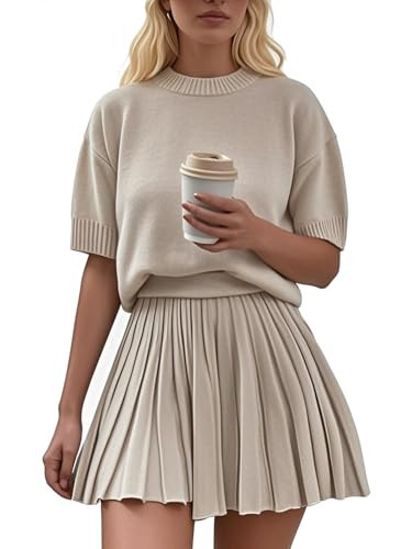 Jenisso Womens 2 Piece Outfits Short Sleeve Crewneck Knit Tops And Pleated Mini Skirt Two Piece Sets（beige XL | Amazon (US)