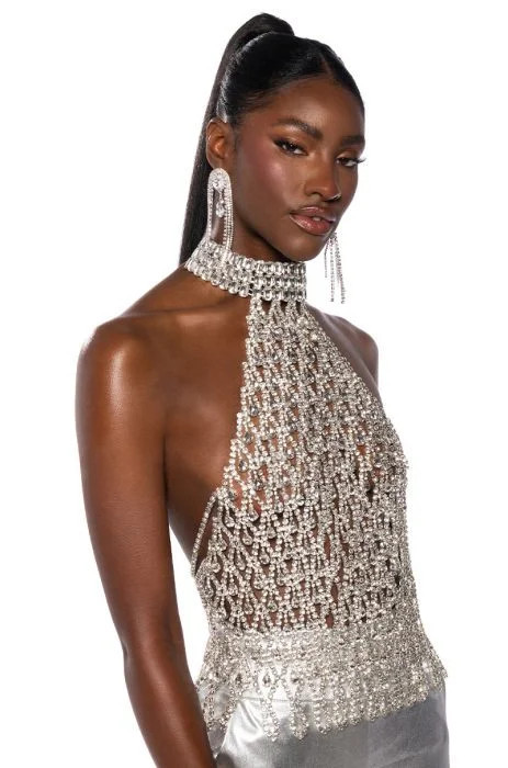 LOREN RHINESTONE HALTER NECK TOP IN SILVER | AKIRA