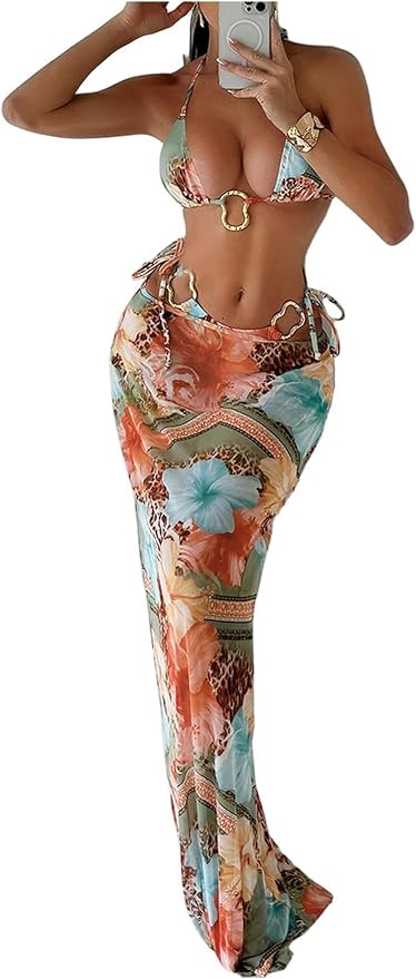 WDIRARA Women's 3 Piece Floral Halter Bikini Set Ring Linked Leopard Print Swimsuit with Coverup ... | Amazon (US)