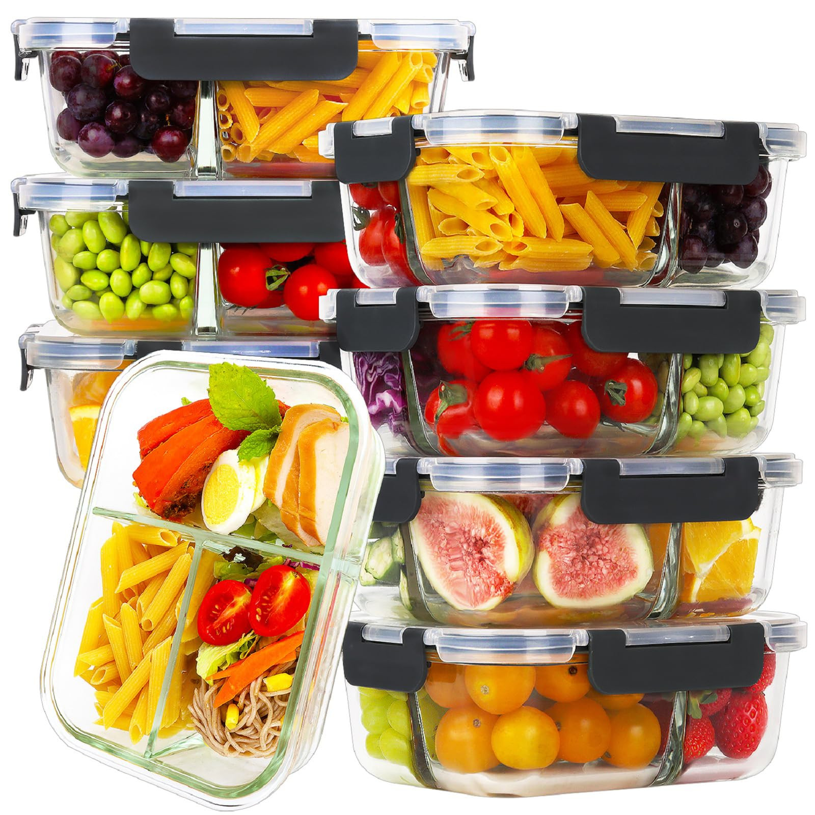 HOMBERKING 8 Pack Glass Meal Prep Containers 3 Compartment, 36oz Glass Food Storage Containers wi... | Amazon (US)