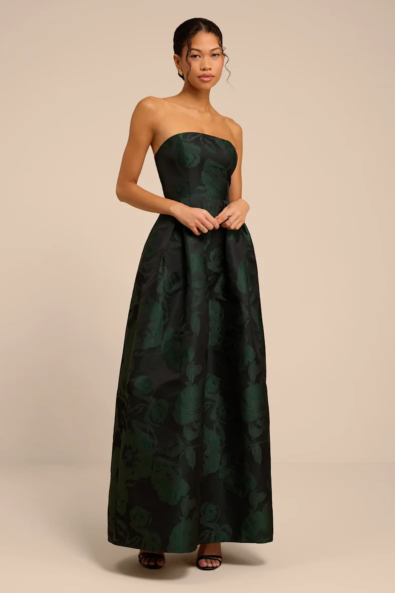 Laurelin Emerald Floral Jacquard Pleated Strapless Maxi Dress | Lulus