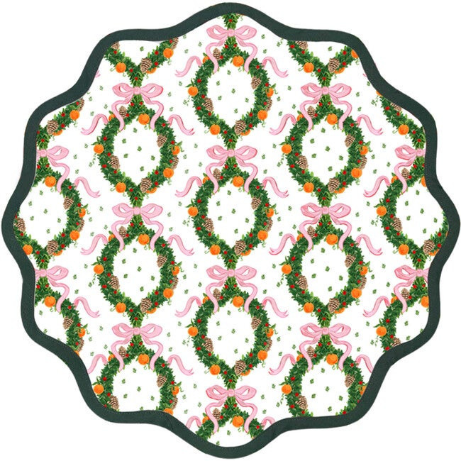 Round Scalloped Placemats - Holiday Wreath, Peony & Pine | Maisonette