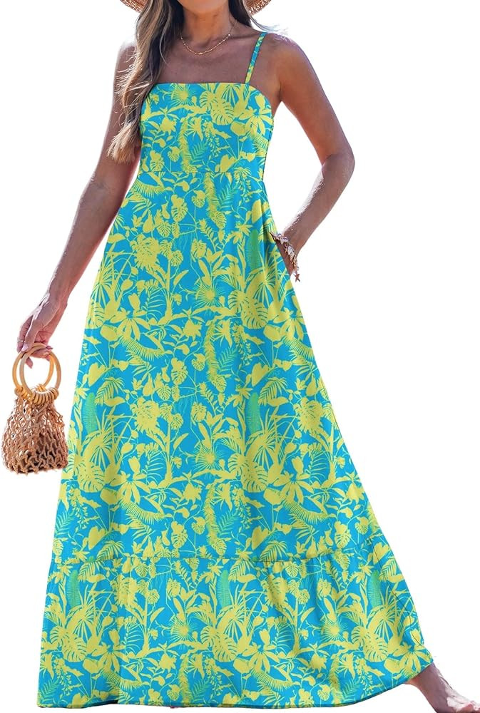 popvil Women Summer Maxi Dress 2026 Spaghetti Strap Long Beach Dress Boho A-Line Flowy Casual Sle... | Amazon (US)