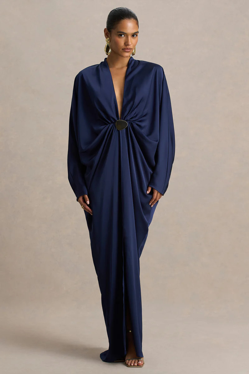Tina  Navy Satin Plunge-Neck Embellished Maxi Dress | Club L London