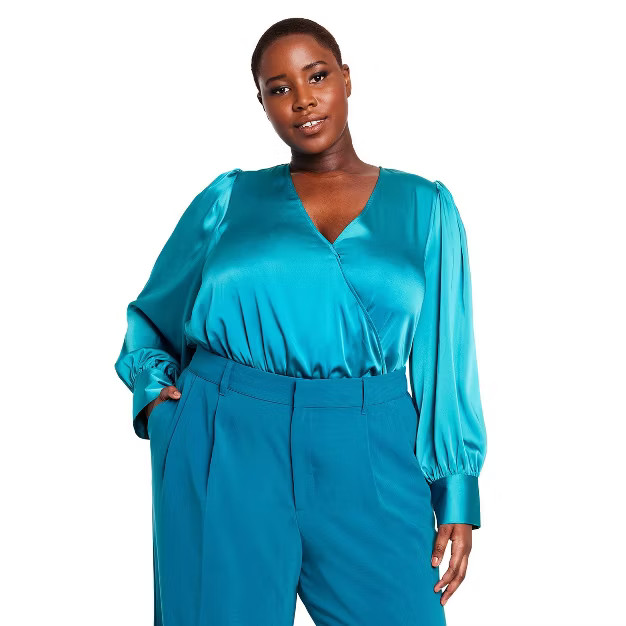 Women's Crossover Satin Bodysuit - Sergio Hudson x Target Teal | Target