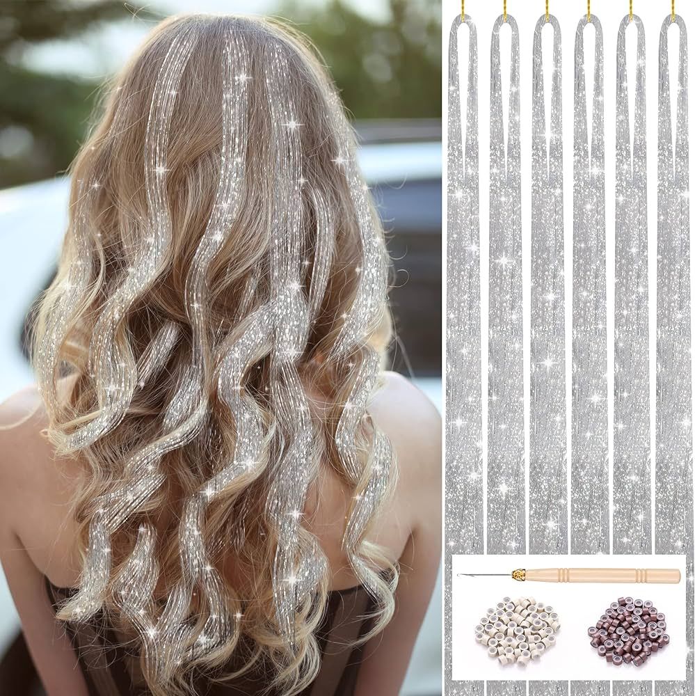 HAUTOCO Hair Tinsel Kit, 1200 Strands 47 Inch Glitter Silver Tinsel Hair Extensions with Tools Fa... | Amazon (US)