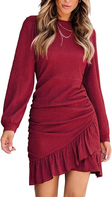CUPSHE Women Knit Ruched Fall Dress Smocked Ruffle Hem Crew Neck Long Sleeve Bodycon Sexy Casual ... | Amazon (US)