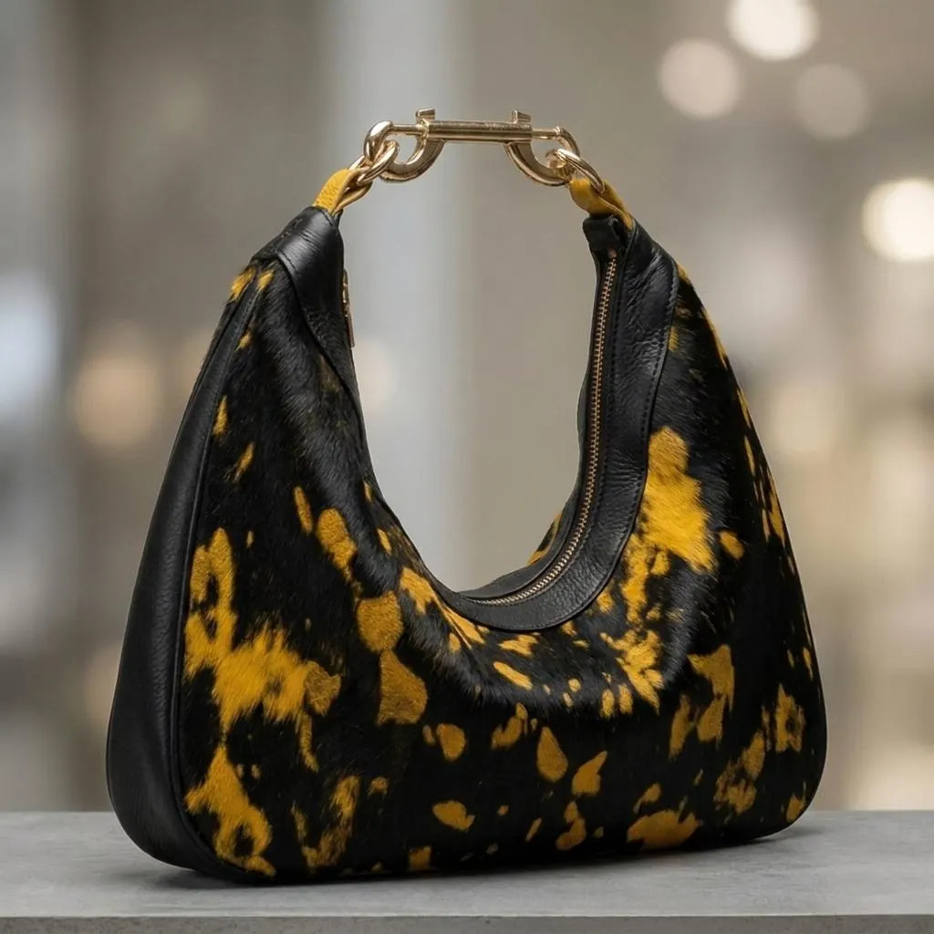 Calf Hair Hobo Bag, Animal Print Shoulder Purse, Genuine Leather Trim, Gold Hardware Boho Fall Style | Etsy (Global)