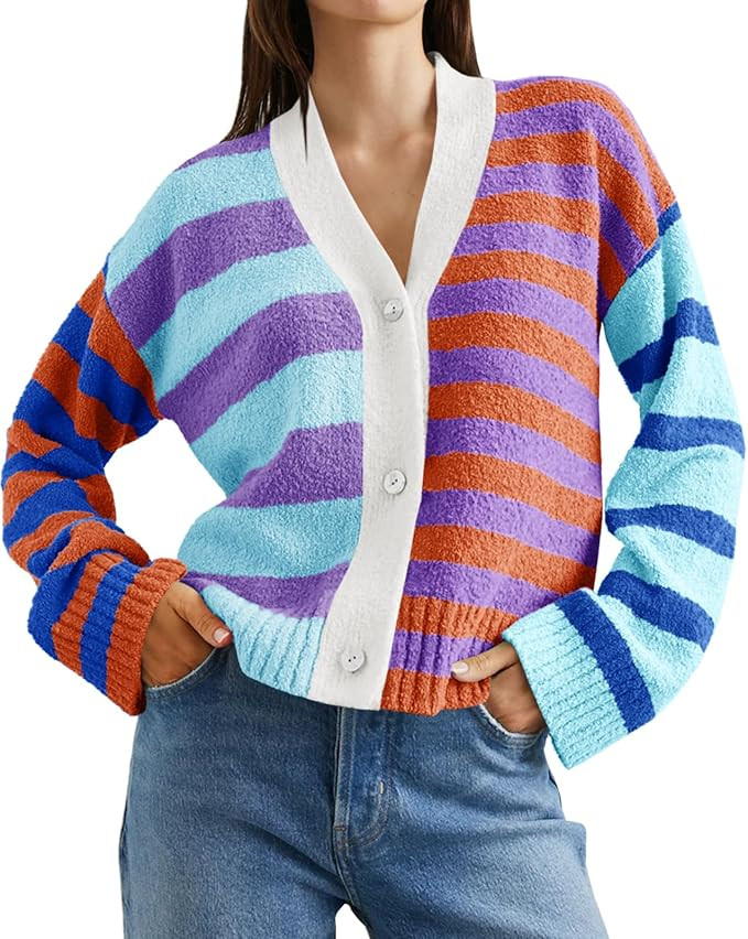Saodimallsu Womens Striped Cardigan Sweaters V Neck Open Front Button Up Color Block Fuzzy Loose ... | Amazon (US)
