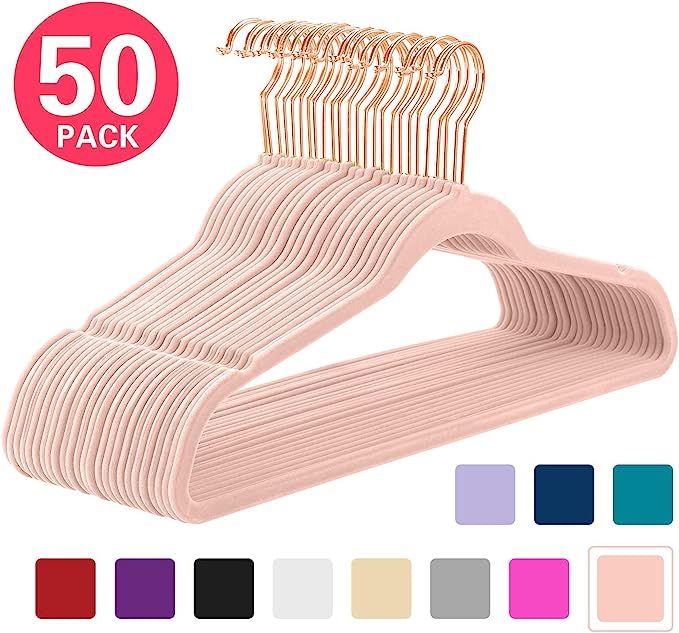 MIZGI Premium Velvet Hangers (Pack of 50) Heavyduty - Non Slip - Velvet Suit Hangers Blush Pink -... | Amazon (US)