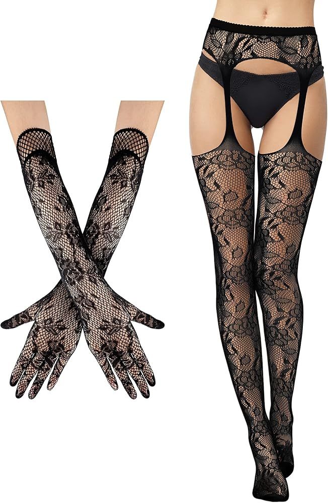 2 Pieces Suspender Pantyhose Long Floral Lace Gloves Stocking Fishnet Tights Garter Belt Stocking... | Amazon (US)