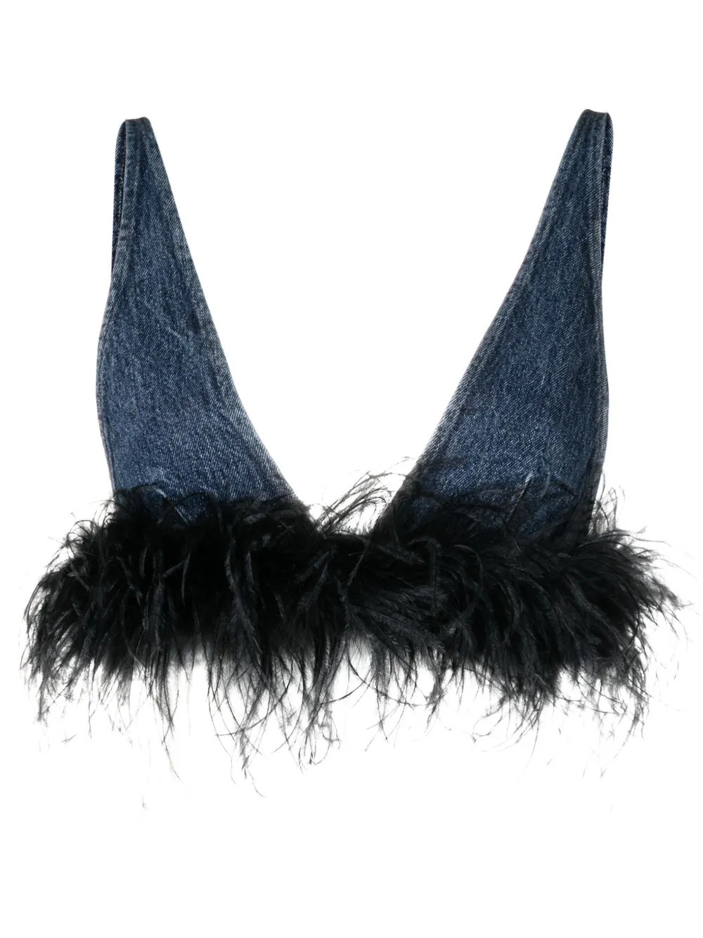 Miu Miu feather-trim denim top - Blue | Farfetch Global