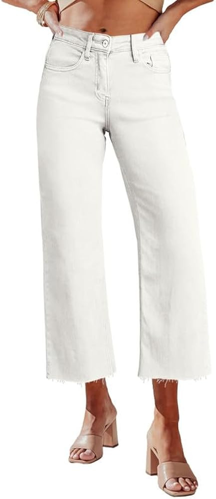 Allimy Women's High Waisted Straight Ankle Wide Leg Ripped Jeans Frayed Hem Stretchy Capri Denim ... | Amazon (US)