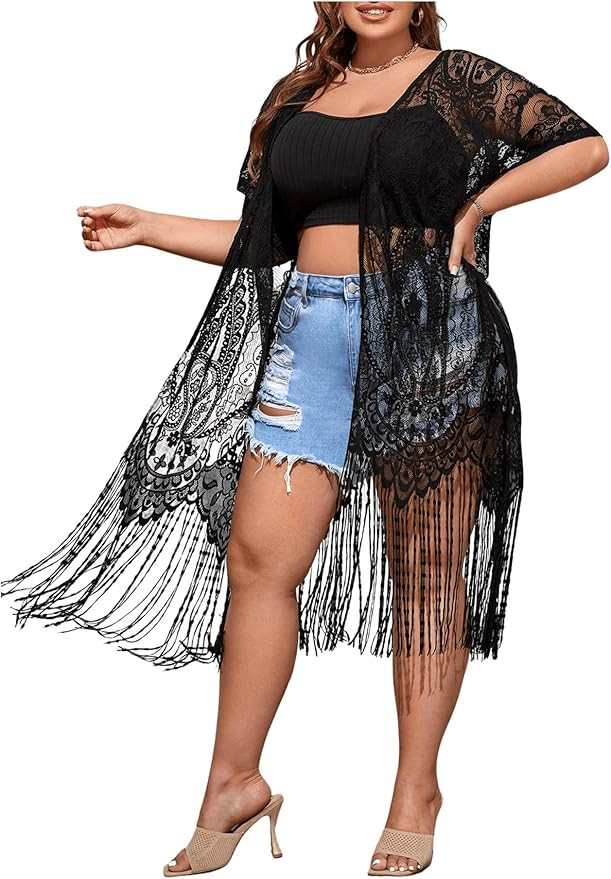 SOLY HUX Women's Plus Size Lace Sheer Fringe Trim Cover Up Dress Short Sleeve Open Front Kimono C... | Amazon (US)