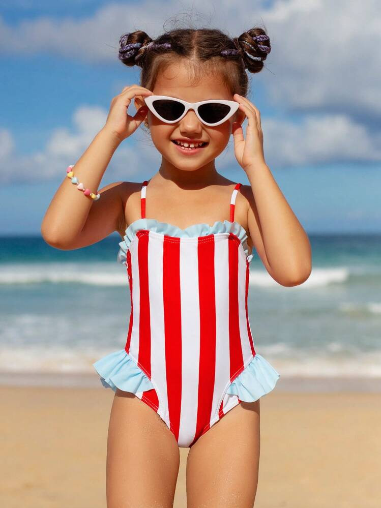 SHEIN Young Girl's Color Block Striped Ruffle One-Piece Swimsuit | SHEIN