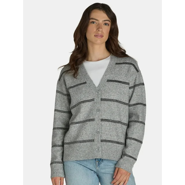 Time and Tru Women's Metallic Striped Cardigan Sweater, Midweight, Sizes XS-XXXL - Walmart.com | Walmart (US)