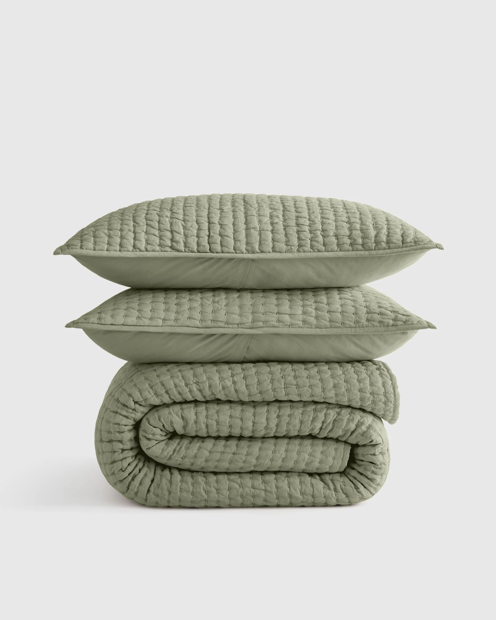 Quince | European Linen Cotton Stitch Quilt Set in Olive, Size Twin | Quince