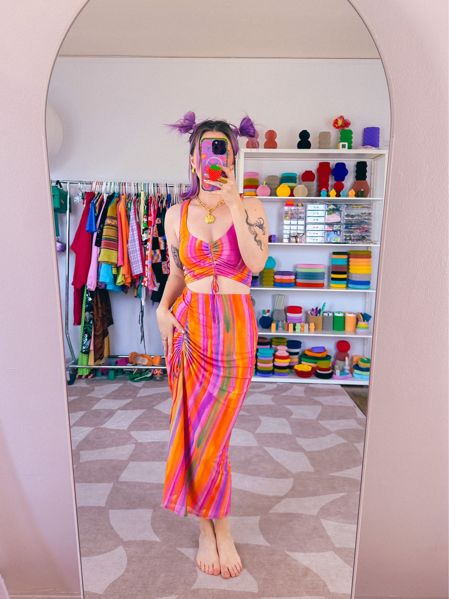 cute set for going out to brunch or enjoying poolside 🌈✨

Champagne wears a multi-colored matching top and skirt set with gold jewelry. 

Good earring shell necklace summer party beach maximalist maximal dopamine dressing outfit inspo 

#LTKSeasonal #LTKstyletip