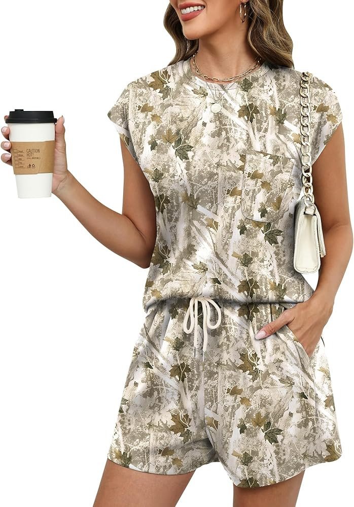 LOMON Two Piece Shorts Sets for Women Vacation Trendy Lounge Sets Crew Neck Matching Sets Cap Sle... | Amazon (US)