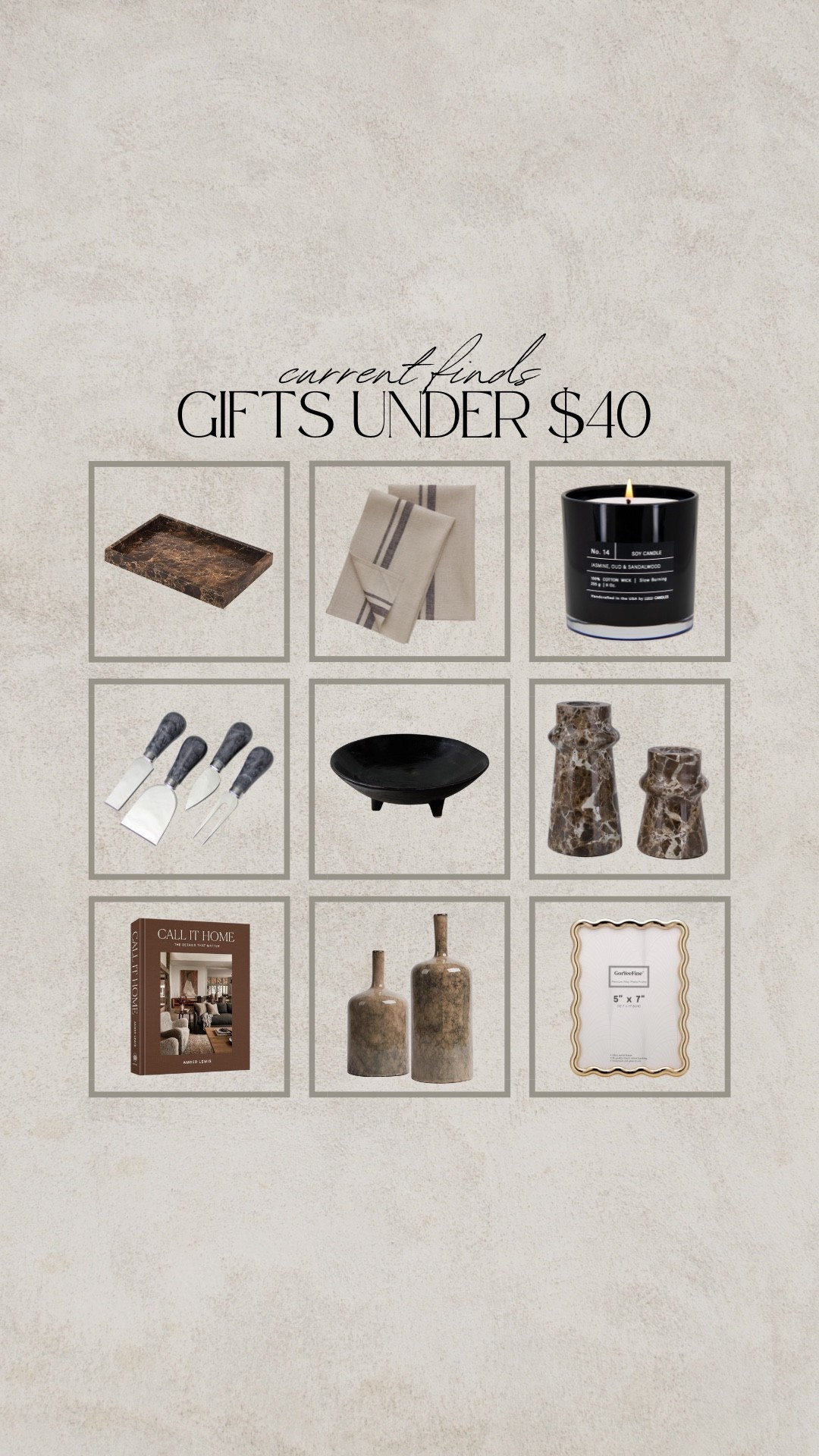 Gift ideas under $40, organic modern home decor, candle, kitchen towels, marble candle holder, brown vase, ceramic vase, gold picture frame, wavy picture frame, coffee table book, Amber Lewis, cheese knives, charcuterie set, marble tray, brown marble, black dish, jewelry dish, bowl, footed bowl

#LTKGiftGuide #LTKHoliday #LTKFindsUnder50