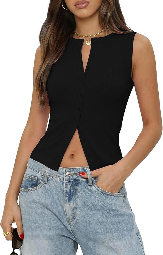 Gleeneat Womens Going Out Tops Ribbed Button Down Sleeveless Tank Top Sexy Slim Fit Y2k Summer Sh... | Amazon (US)