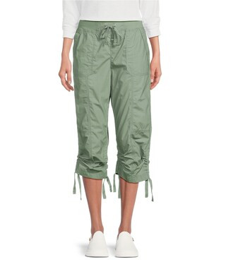 Sport Peached Poplin Ribbed Waist Convertible Cinched Cargo Capri Pull-On Pant | Dillard's
