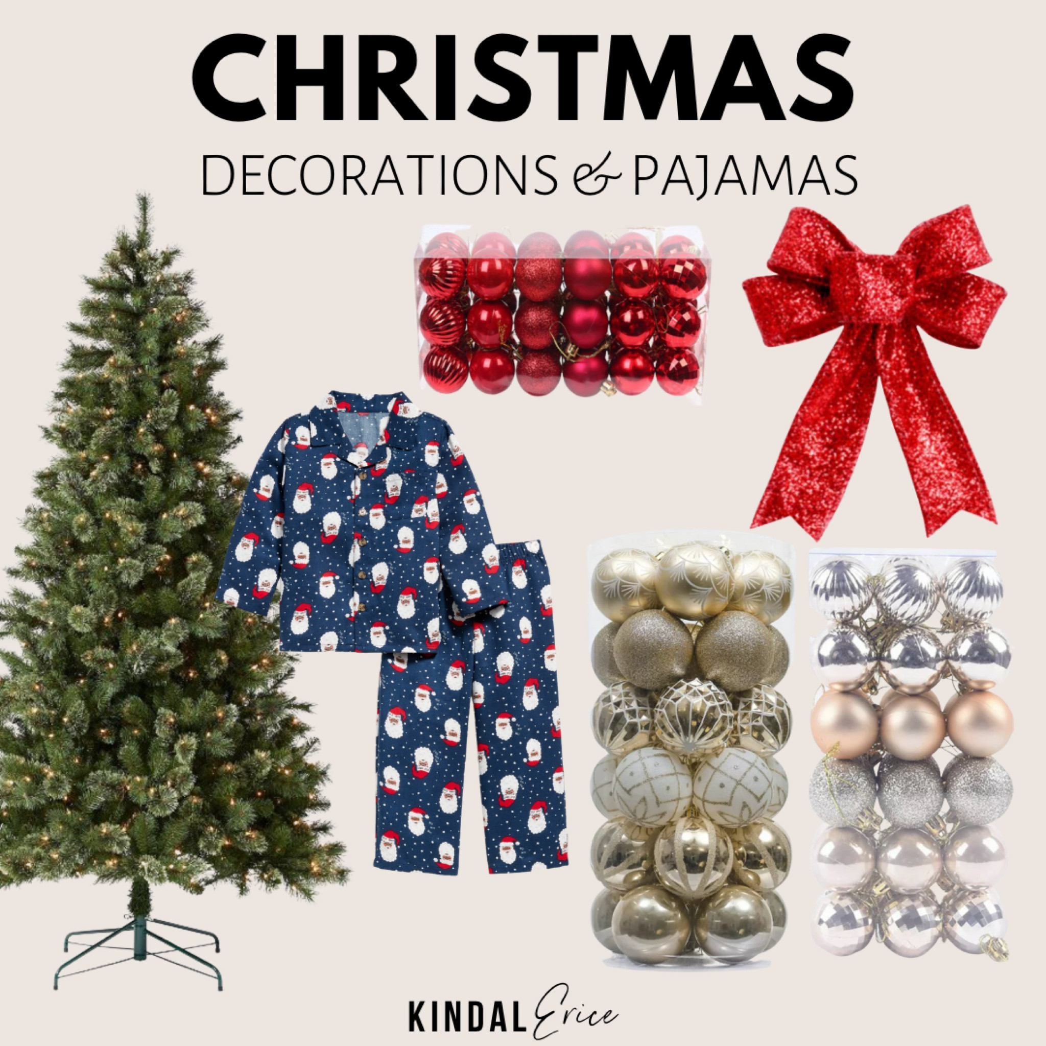 Christmas tree (lightly flocked), ornaments, bow and Black/Brown Santa pajamas 

#LTKfamily #LTKSeasonal #LTKHoliday