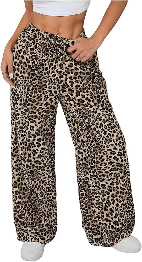 SweatyRocks Women's Leopard Printed Wide Leg Pants Elastic Waist Trousers with Pockets | Amazon (US)