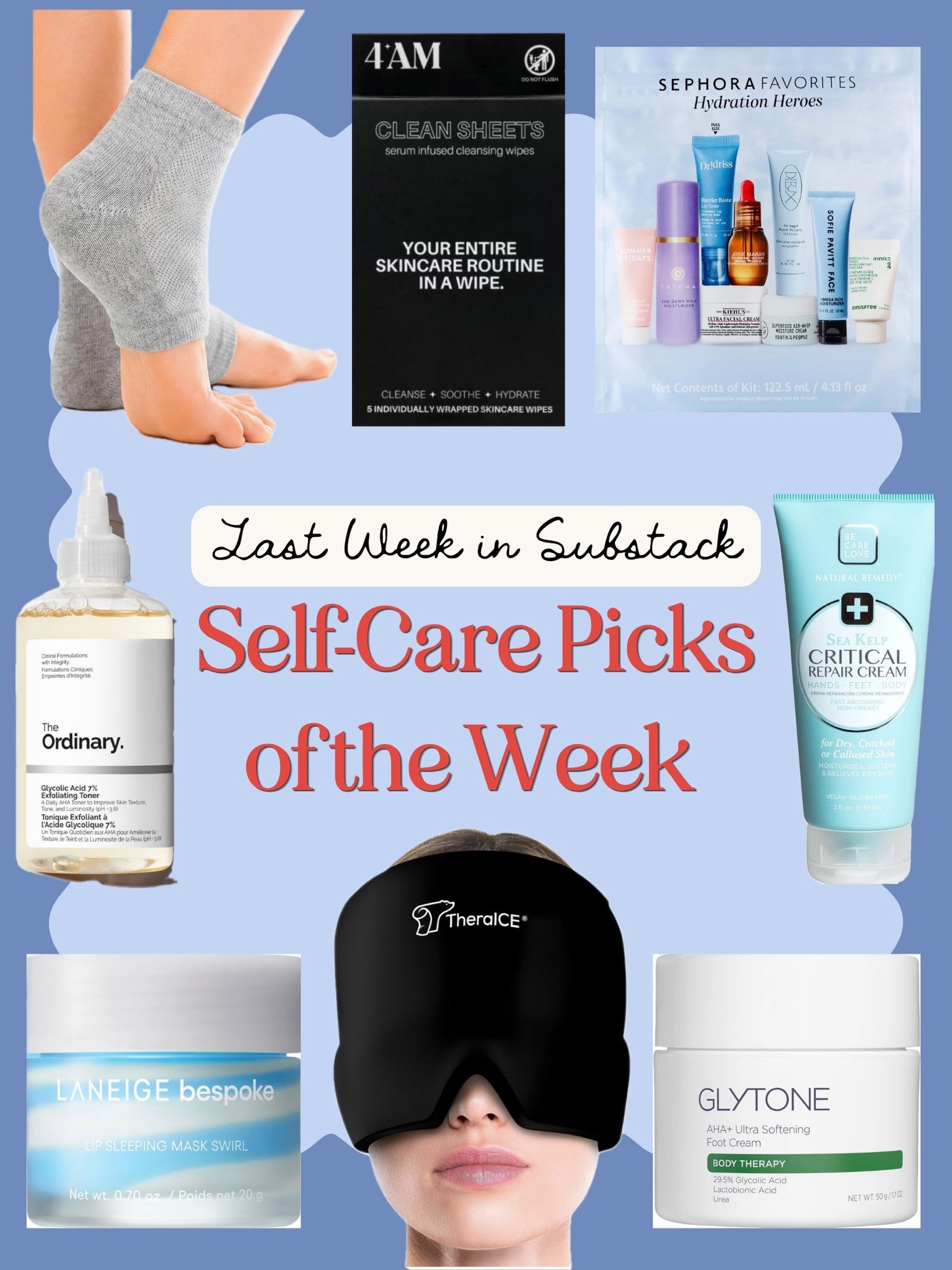 Some of our beauty and self-care favorites from the past week!

- Sephora Favorites Hydration Heroes Set: $145 value for only $40‼️ Truly an insane deal. This kit is a GREAT value if you’re looking to try out a new moisturizer or just want some travel-sized products. In addition to a full-size lip mask, you also get mini sizes of moisturizers that we love. My favorites are the Tatcha Dewy Milk (incredible finish), Sophie Pavitt (better for night), and Dieux Air Angel (great under makeup), but they are all great.

- 4 AM Cleansing Facial Wipes: A TikTok Shop gem! For nights when you can’t bring yourself to do a full skincare routine, these wipes actually clean your skin and leave behind a hydrated feel. Perfect for keeping by your bed and on hand for travel.

- Bespoke Laneige Lip Masks: Rebecca’s pick of the week! ☺️ She is very excited about this — pick any two flavors and Laneige will make a custom swirl lip mask for you!

- TheraICE Headache Cap: This cap has saved me multiple times through sinus pain and wildfire smoke-induced headaches this month. It applies just enough compression to provide relief without uncomfortable tightness, and it stays cool but is even better straight from the fridge. Works for migraines, sinus pain, post-night-out recovery, etc.

- Glycone Exfoliating Cream: An extra-strong exfoliating cream that my (Sarah’s) dermatologist recommended for my dark elbows. It works SO fast. You only need to apply a little bit, and it changed my elbows in just a few days. Has also helped with my dry flaky heels too!

- The Ordinary Exfoliating Toner: If you’re looking for a more budget-friendly alternative to the Glycone cream that is slower-acting but will still deliver results, this is a great choice.

- Sea Kelp Critical Repair Cream: I like to use this in combination with the Ordinary Exfoliating Toner. Apparently this combo is also popular among hairstylists for keeping hands soft & smooth!

- Dr. Frederick’s Moisturizing Heel Socks: These moisturizing gel socks and soothing and great for softening rough, flaky skin on your feet.

#LTKBeauty #LTKselfcare