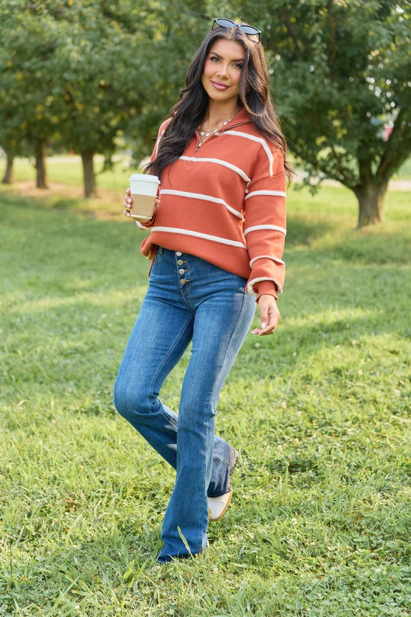 Sunday Stripe Club Rust And White Quarter Zip | Pink Lily