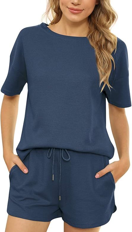 Women's Waffle Knit Pajama Set Short Sleeve Top and Shorts Pullover Nightwear PJs Lounge Outfit w... | Amazon (US)