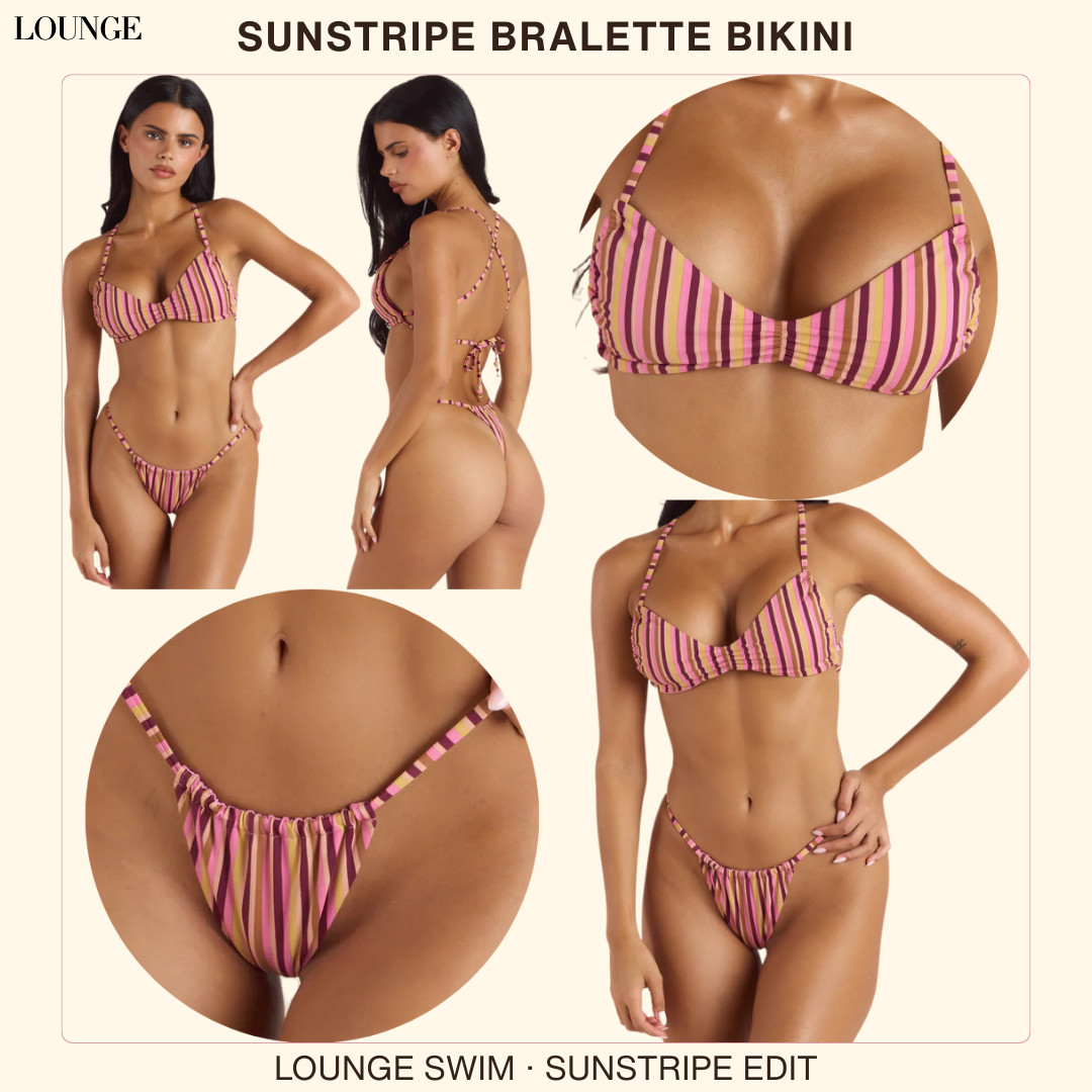 @Lounge Luxury Swim | Sunstripe Bralette Bikini in Retro Stripe

A retro striped bralette bikini that makes swimwear feel playful, flattering, and instantly resort-ready 🌞

This Lounge Sunstripe Bralette Bikini is the kind of swim set that feels fun without trying too hard — colorful, feminine, and made for the girl who wants her vacation swimwear to feel more styled than a basic bikini.

The pink, yellow, and brown stripe colorway is what makes this set feel so good. 

It gives that sun-kissed retro resort energy with a warm, vintage-inspired color story that feels perfect for beach clubs, pool days, tropical trips, girls’ getaways, and summer vacations.

What I love about this bikini is that it feels playful, but still elevated!!

The bralette top has a flattering, wearable shape, while the retro stripe print gives the whole set that curated vacation look that feels more intentional and expensive-looking than a plain swim set.

The bottoms also come in both thong and brief styles (!!), which makes this set even better because there’s truly something for everyone depending on the fit and coverage you prefer.

The warm stripe colorway is so easy to style with white linen pants, Lounge's matching sarong, raffia bags, oversized sunglasses, gold jewelry, flat sandals, or a breezy button-down for that polished retro resort look.

This is the kind of bikini you pack when you want your swimwear to feel cute, confident, and memorable without being over the top. 

It feels sunny, feminine, and fun in that effortless vacation way — the kind of swim set that makes your whole beach outfit look more styled the second you put it on.

I did the digging for you — if you want a Lounge bikini that feels flattering, elevated, and worth packing first, this Sunstripe set is one I’d check before sizes start moving. 

It has that “this is the fun bikini I’m so glad I brought” energy for every beach day, pool day, and sunny getaway.

📌 SAVE this for vacation swimwear, resort outfits, and retro bikini ideas.

↓ Everything is linked!

#LTKSaleAlert #LTKSwim #LTKTravel
