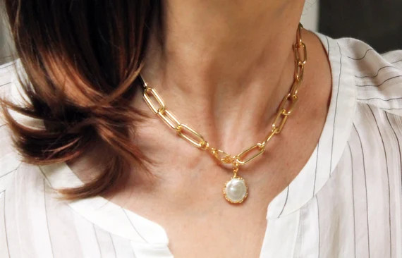 Chunky Gold Chain With Freshwater Pearl Charm Necklace Thick | Etsy | Etsy (US)