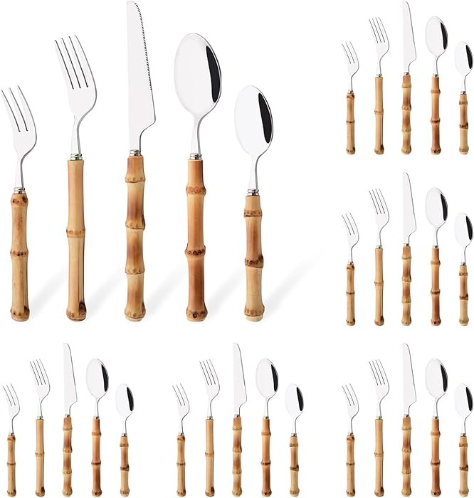30PCS Silverware Set for 6, Bamboo Handle Flatware Set, Stainless Steel Cutlery Set for Home Rest... | Amazon (US)