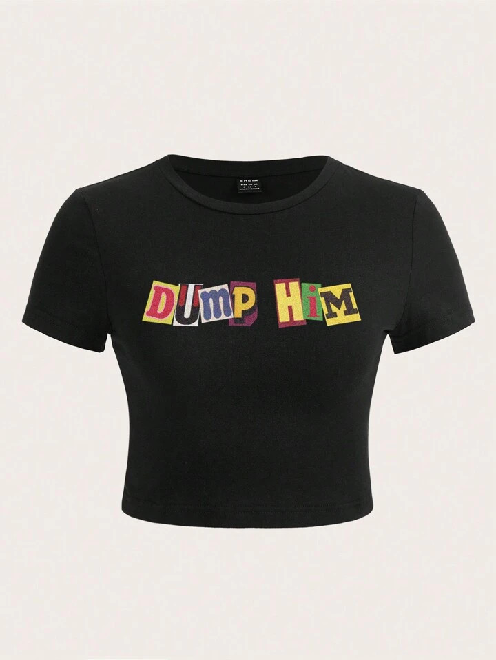 SHEIN EZwear Casual Letter Print Slim Fit Plus Size Women's Crew Neck Short Sleeve T-Shirt Pullov... | SHEIN