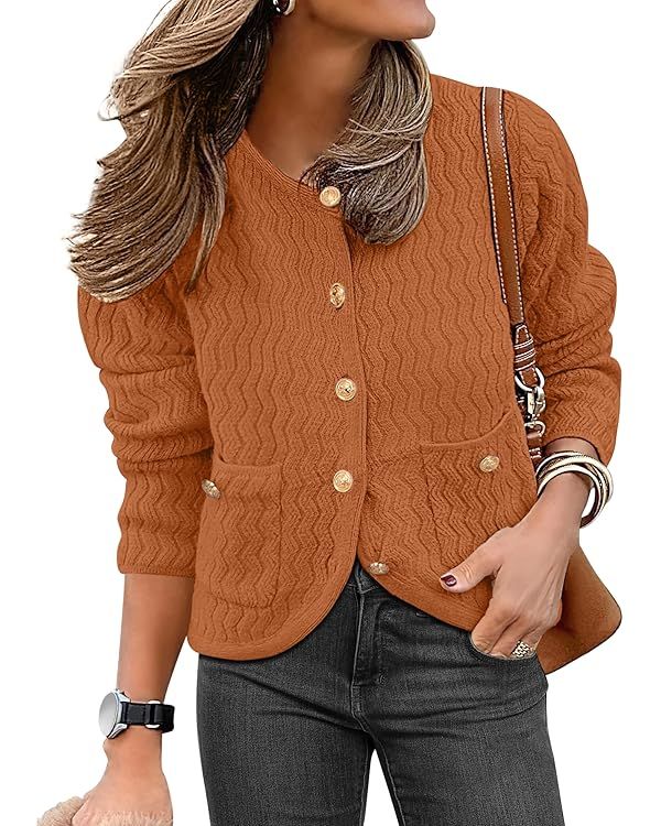 Caracilia Women's Button Down Cardigan Sweaters Long Sleeve Open Front Cropped Knitted Jackets 20... | Amazon (US)