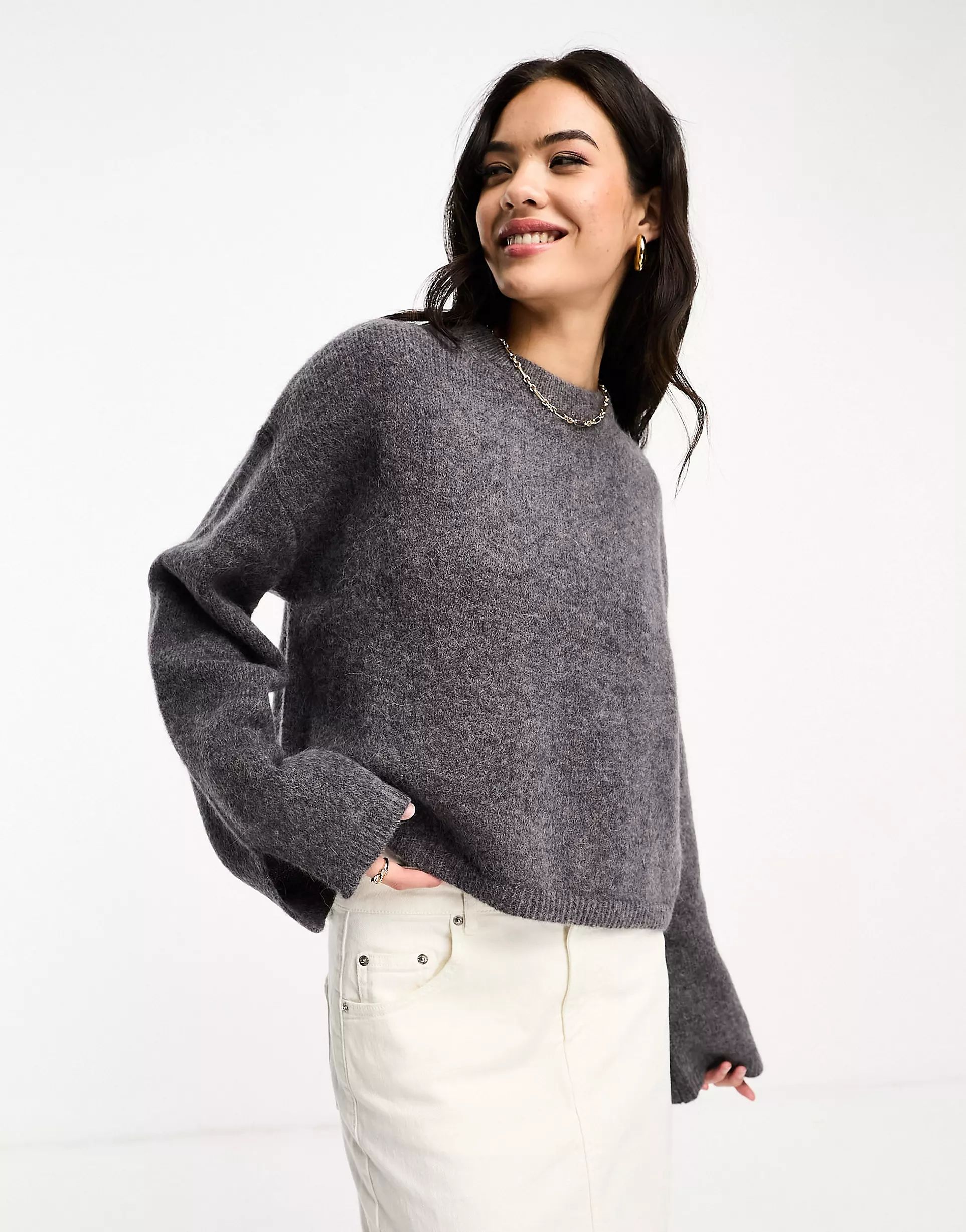 ASOS DESIGN crew neck jumper with wide cuff and split in alpaca wool blend in charcoal | ASOS (Global)
