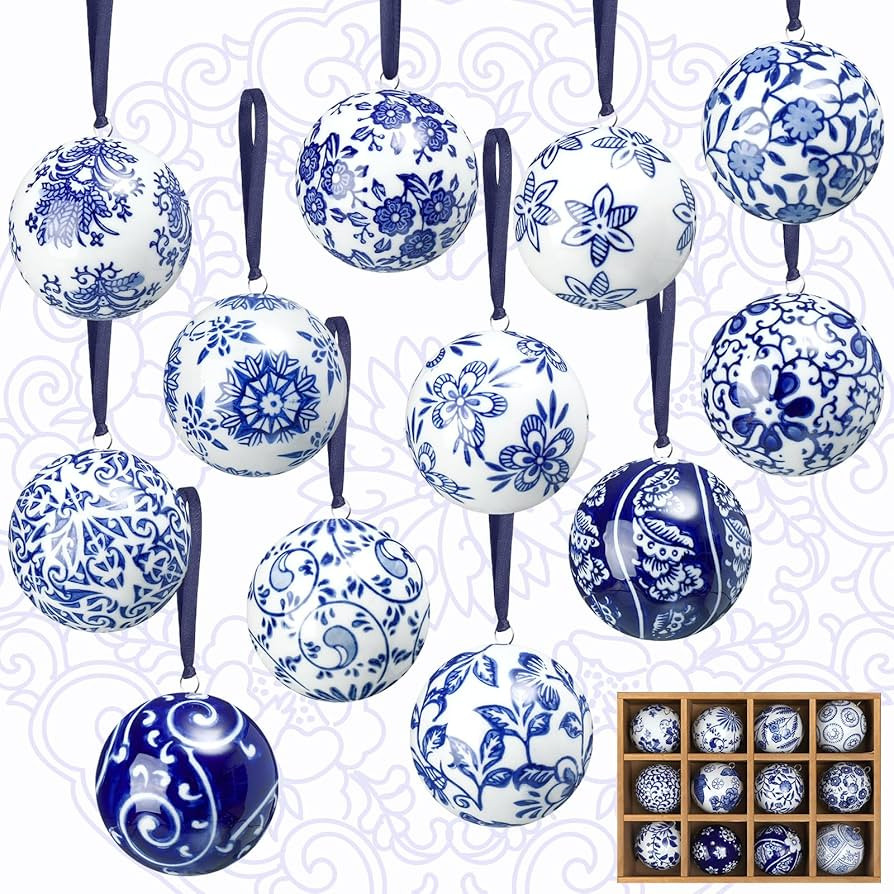 Cindeer 12 Pcs Blue and White Christmas Porcelain Balls 2.4 Inch Porcelain Chinoiserie Ornament B... | Amazon (US)