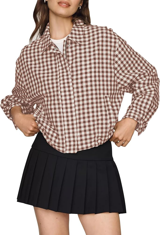 Womens Plaid Gingham Cropped Jacket Stand Collar Zipup Drawstring Coat | Amazon (US)