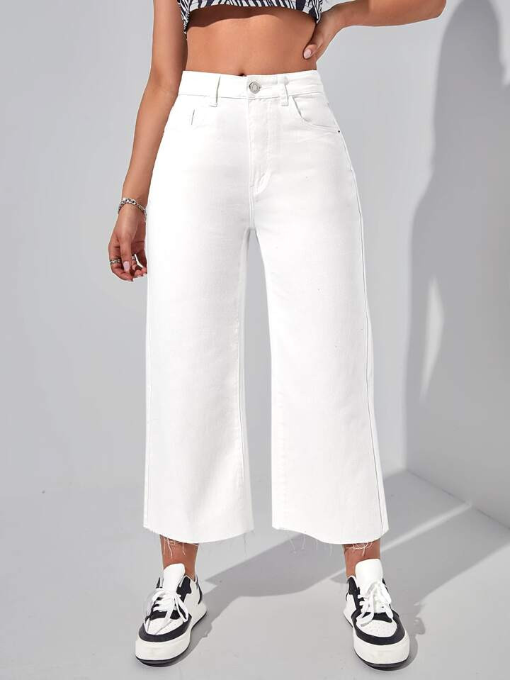 SHEIN EZwear Raw Cut Wide Leg White Jeans | SHEIN